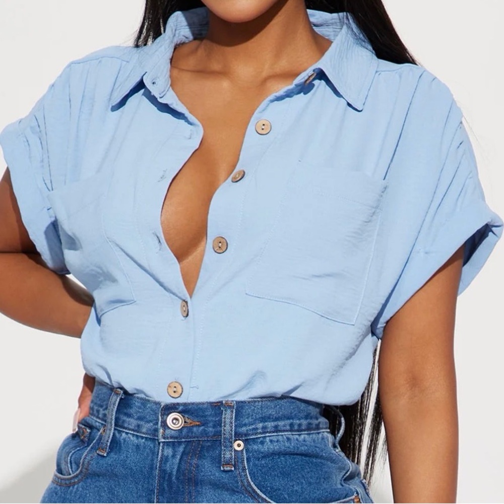 Light Blue Button-Front Short Sleeve Shirt - Women's Top